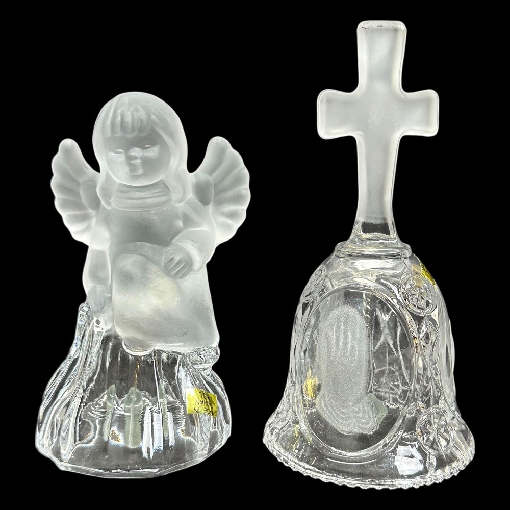 Vintage Taiwan Glass Bell Lot Frosted Angel Cross Praying Hands Decor SET OF 2